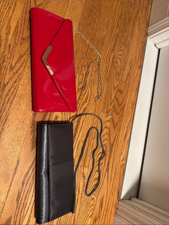 Aldo Handbags - Aldo Red Patent Envelope Clutch with Gold Chain & unbranded Dark Gray Wristlet